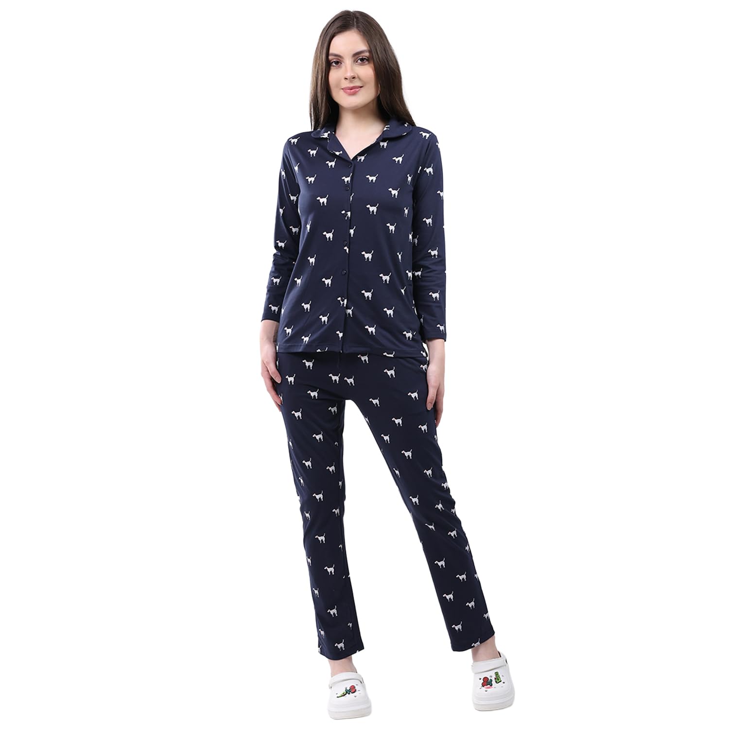 Monte Carlo Women Regular Fit Collar Neck Printed Button Closure Full Sleeve Lower Set | Cozy winter lowers | Comfortable casual wear | Warm bottom wear | Winter Lower for Women's