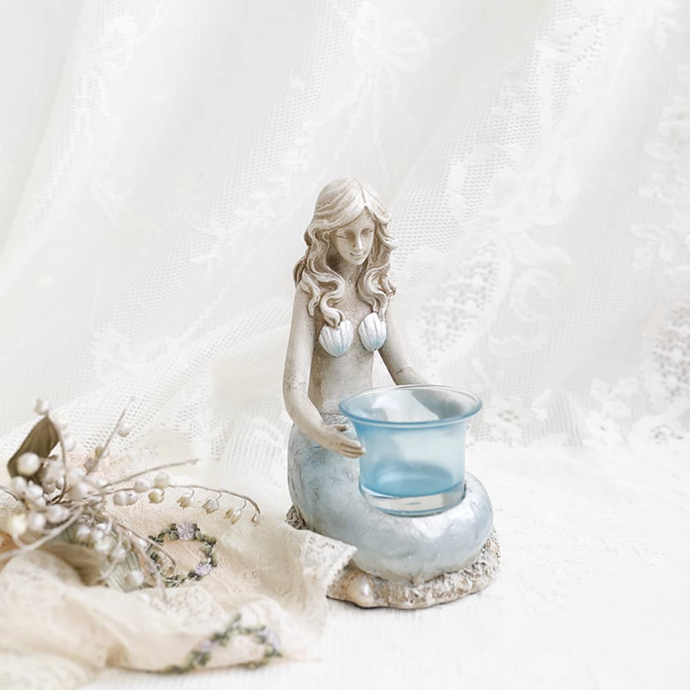 Kelendle Resin Mermaid Candle Holder Votive Candle Holder Centerpiece Pillar Candle Holder Glass Tealight Holder Mermaid Statue Decor Mermaid Figurine for Home Decoration