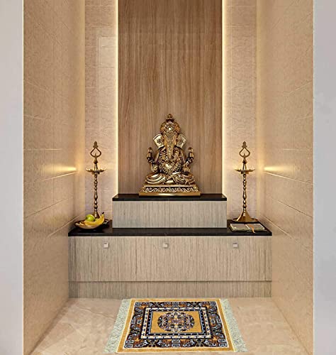 Enyra Prayer Aasan/Mat Traditional Design Velvet Aasan | Meditation Prayer Carpet Mat | Pooja Aasan Mat | Multipurpose Premium Velvet Rug Mat Pack of 2-Beige