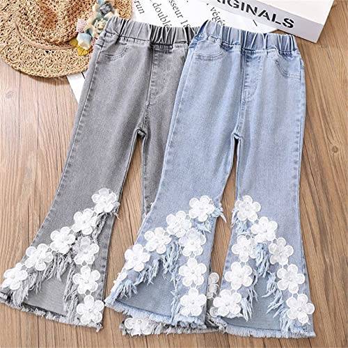 Girls Bell Bottom Jeans Baggy Raw Hem Floral Trousers Y2K Wide Leg High Elastic Waisted Casual Loose Trousers Clothes4