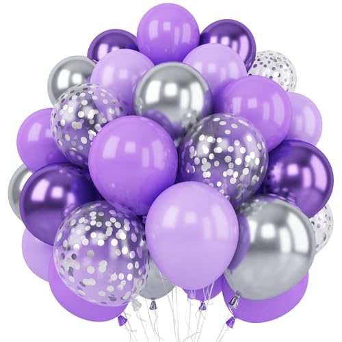 Image of Purple Silver Balloons, 12 Inch Metallic Purple Silver Balloons Light Purple Silver Latex Balloons Lavender Silver Confetti Balloons for Princess Party Girl Birthday Wedding Baby Shower Decorations