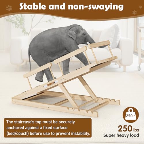 Dog Ramp for Couch, Bed or Car, Wooden 55" Long Pet Stairs for Small & Large Old Dogs & Cats, Hold up to 250lb, 6 Adjustable Height from 19.68" to 27.55" Portable Doggie Steps, Excellent Traction - Image 3