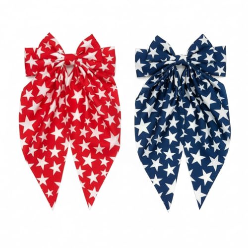 Lazos para el cabello del 4 de julio para niñas, clips patrióticos en rojo y azul con estrellas, lazo largo con cola para día de la independencia, accesorios para fiestas de mujeres y niños