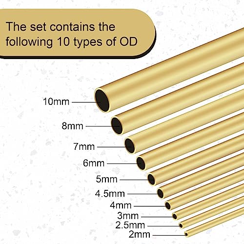 iMeistek Messingrohr-Set 300 mm x 0,5 mm, 2 bis 10 mm Außendurchmesser, 10 Stück nahtlose, gerade runde Rohre