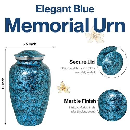Image of ALPHA Living HOME Cremation Urn for Human Ashes Adult - Handcrafted Aluminum Memorial Funeral Urn with Marble Finish, Decorative Burial Urn with Secure Screw Lid (Blue)