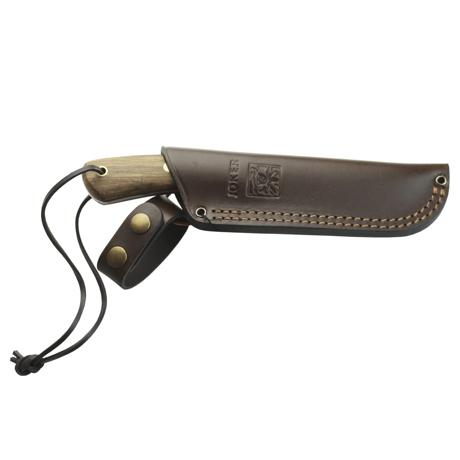 joker Coltello da caccia Nessmuk CN136, manico in noce, lama Sandvik 14C28N da 11 cm con affilatura piatta, con fodero in pelle marrone, di pesca, caccia, campeggio e trekking.