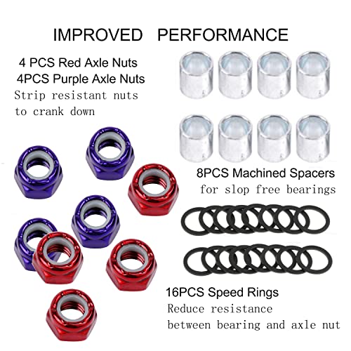 Imporx 8 Pieces Skateboard Truck Color Nuts And 16 Pieces Skateboard Truck Axle Washers And 8Pcs Precision Spacers For Longboards And Skateboard Hardware Kit (Red And Purple Nuts) #TOP1