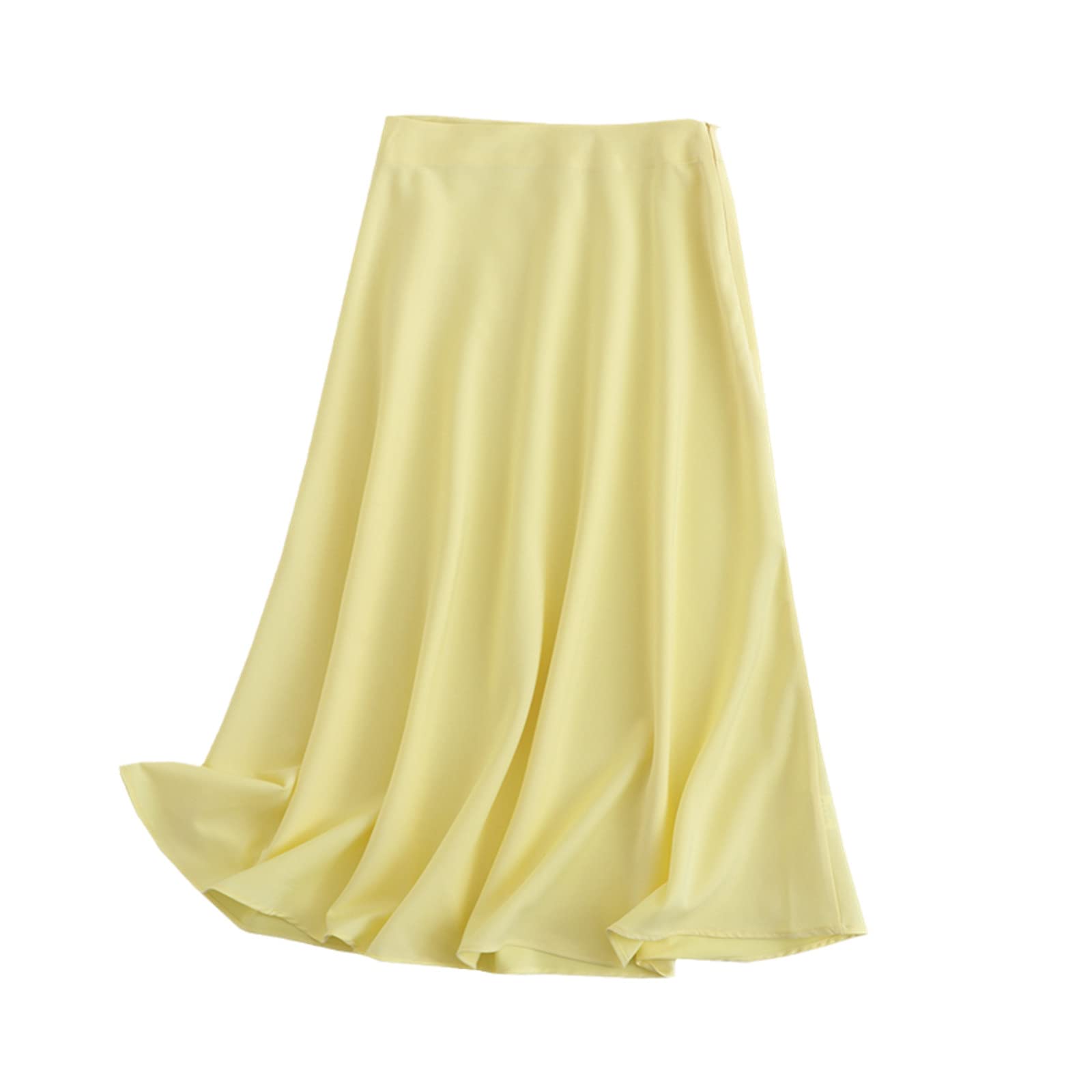 Jupe midi vintage en satin avec fermeture éclair latérale pour femme, jaune, 36
