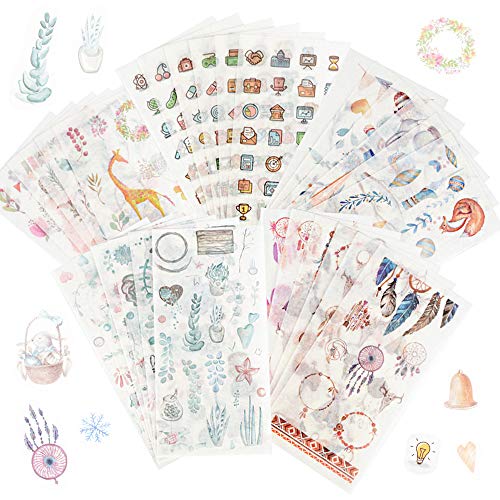 JNCH 30 Blatt Scrapbooking Aufkleber mit Blumen Pflanzen Tieren Essen Dekorative Aufkleber Cartoon Aufkleber Deko Aufkleber Fotoalbum Notizbuch 16 x 8cm