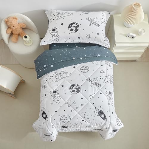 Image of DuShow 4 Piece Toddler Bedding Set for Boys,White Space Crib Bedding Sheets Set,Soft Toddler Comforter Set Bed in a Bag | Include Comforter,Flat Sheet,Fitted Sheet,Pillowcase