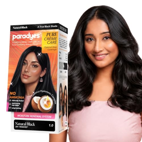 Image of Paradyes Pure Creme Care No Ammonia Hair Color Natural Black 1.0 | Long-Lasting Creme Formula | Grey Coverage | Coconut Milk + Almond Oil + Hyaluronic Complex | Smooth & Shiny Finish | 120g+40 ml