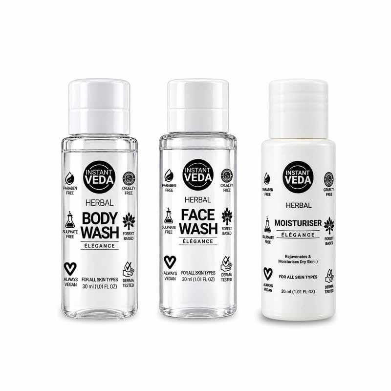 herbal face wash, body wash & moisturiser | elegance complete travel skincare kit | paraben free, sulphate free, cruelty free | for all skin types |3 x 30 ml