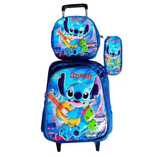 Kit Mochila Infantil Stitch Violeiro 3D em Alto Relevo com Rodinhas Infantil + Lancheira Térmica + Estojo Escolar