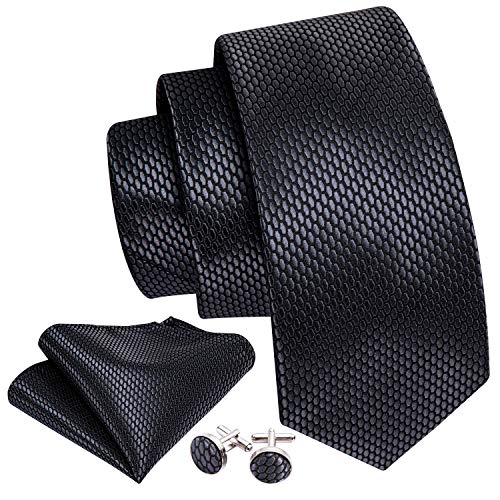 Barry.wang Designer Tie Plaid Silk Hanky Cufflinks Set Dark Grey Fashion Pattern Formal Business #TOP1