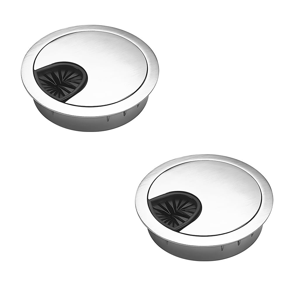 FEIHS 2 Pcs 60mm Desk Cable Grommets, Computer Desk Metal Cable Hole, Round Cables Hole Cover, Table Cables Tidy Wire Hole Cover - Zinc Alloy for Organising Office and Home Table (Silver)