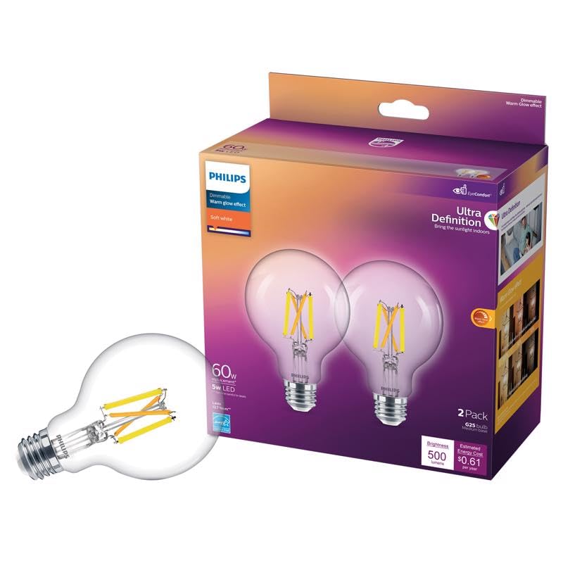 PHILIPS G25 E26 (Medium) LED Bulb Soft White 60 Watt Equivalence 2 pk