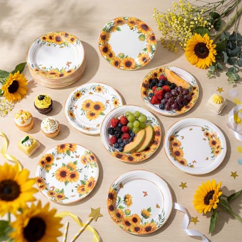 Image of Funnymoom 60 Pcs 7 Inch Sunflower Paper Plates Sunflower Birthday Party Decorations Yellow Floral Disposable Dessert Cake Plate for Spring Summer Wedding Bridal & Baby Shower Garden Tea Party Supplies