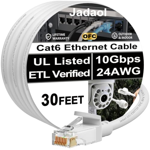 Jadaol [UL Listed] Snagless Cat6 Ethernet Cable 30 ft 10Gbps, PoE++, White