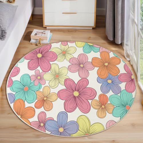 Tapis de salon lavable rond fleurs rose doux pour chambre 60cm