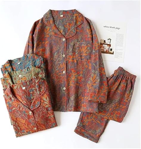 Image of Vintage Leaf Cotton Lapel Loungewear Set, Ginkgo Leaf Button Colorful Floral Pure Pajama, Women's Fashion Sleepwear