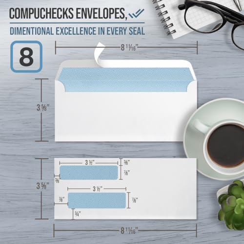 Compuchecks Double Window Envelopes #8- Peel and Seal Strip, Security Business Mailing Check Envelopes - Tamper Evident, Security Tint - 250 Count – Guaranteed to fit QuickBooks Checks