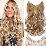 Halo Hair Extensions Thick Invisible Wire Hair Extension 5 Types Adjustable Headwidth Size Wavy Curly Long 18 Inches Artificial Human Hair Hairpiece for Women Girls Heat-resistant Fiber with 4 Pcs Removable Secure Clips (Golden Blonde Mix Bleach Blonde Highlights)