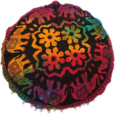 Throw Floor Pillow “Covers Only” Tie Dye Round Seating Pouf Case Home Decor Flower Elephant Printed Indian Mandala Cotton Meditation Cushion Cover Living Bedroom Ottoman Hippie -22 Inch