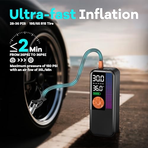 Image of WEOLULI Tire Inflator Portable Air Compressor,150 PSI Cordless Air Pump, 12V DC Car Plug,Dual Power 10000mAh, Fast Inflation 24L /Min, 4 Preset Modes for Car, Bike, Motorcycle, Balls(Orange, 10000mAh)