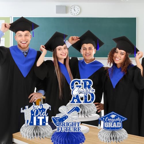 Image of 12pcs Graduation Table Decorations 2026,Silver and Blue Graduation Decorations 2026 Graduation Centerpieces for Tables,Class of 2026 Centerpieces Honeycomb for Congrats Grad Table Decor