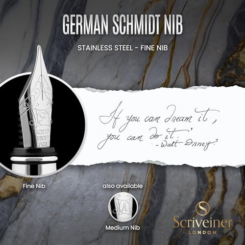 Image of Scriveiner Midnight Blue Fountain Pen - Stunning Luxury Pen with Chrome Appointments, Schmidt Nib (Fine), Best Pen Gift Set for Men & Women, Professional, Executive, Office, Nice Pens