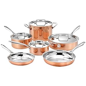 Cuisinart 10pc Tri-Ply Cooper Cookware Set: 1qt with Cover,2.5qt with Cover,4qr Saute with Cover and Helper Hander, 8″ and 10″ Skillets, 8 Quart Stock Pot, 10 Piece Set, Copper