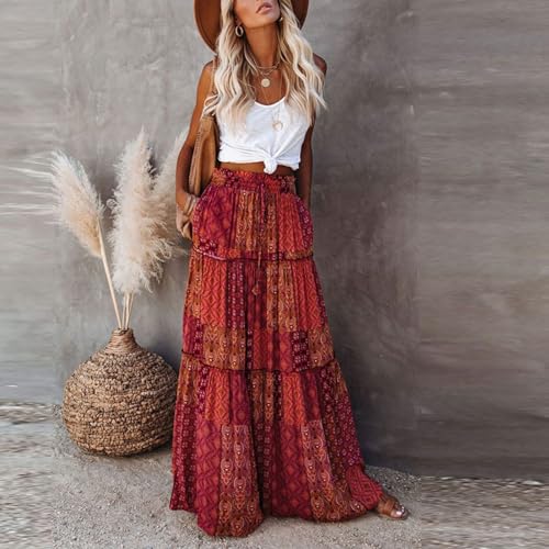 Floral Maxi Skirt for Women Summer 2025 Trendy Boho Elastic High Waisted Skirts A-Line Flowy Long Tiered Maxi Skirts3