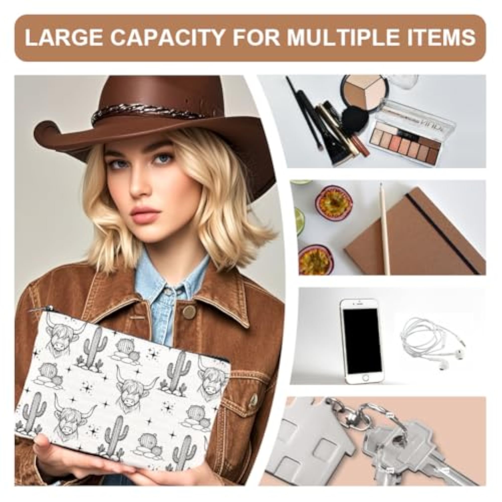 Western Cactus Canvas Makeup Bags, Cosmetic Pouches