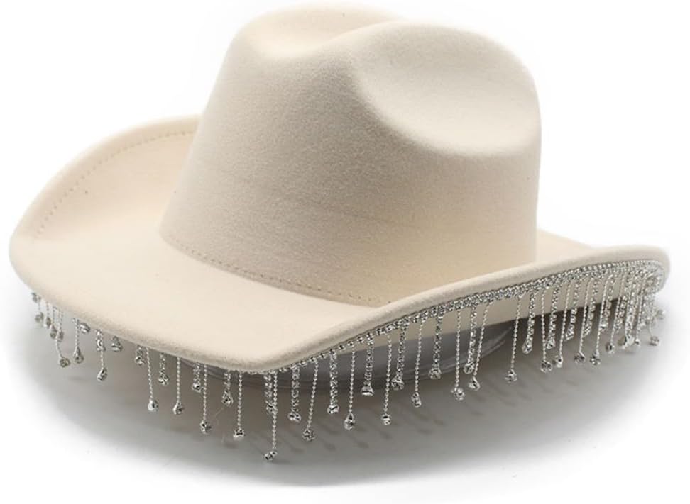 Black Felt Fedora Hat with Crystal Fringe Trim, Wide Brim, Classic Style