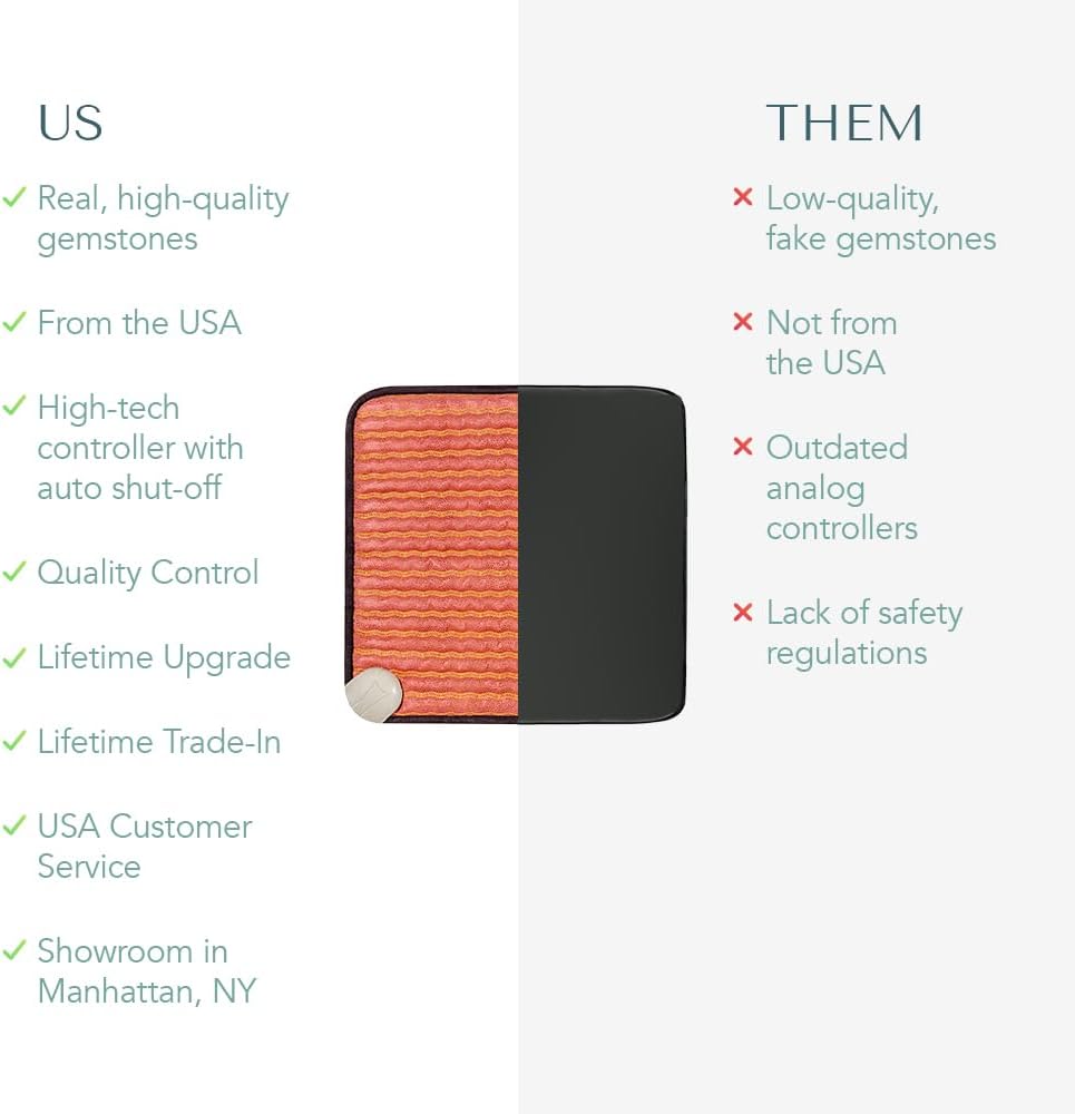 HealthyLine TAO Far Infrared Heating Pad - Small Natural Crystal Gemstones Mat for Back Pain - Electric Auto Shut Off - Rejuvenating Negative Ions Therapy - 18" x 18"