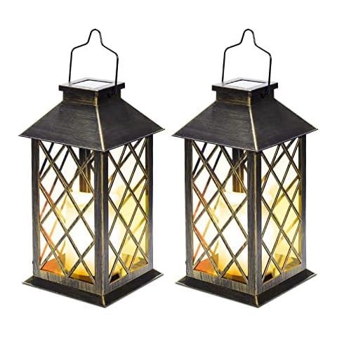 Solar Lanterns Outdoor Waterproof, Set of 2 Outdoor Lanterns for Patio Waterproof,14 Inch Waterproof LED Flickering Flameless Candle Lights Garden Hanging Lanterns for Outdoor Halloween Paty Décor Cover