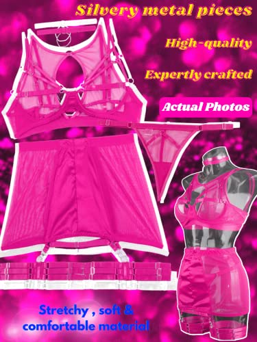Kaei&Shi Garter Lingerie For Women,Sheer Mesh Choker Strappy Cutout Exotic Sexy Lingerie, High Waisted Thigh Band Skirt G String Matching 4 Piece Lingerie Set Boudoir Hot Pink Medium #TOP3