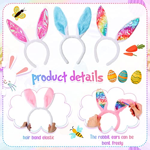 Retisee 6Pcs Easter Bunny Ears Headbands Plush Easter Rabbit Ear Hairband For Kids Girls Woman Adult Easter Party (Sequin Style, Multi Color) #TOP5