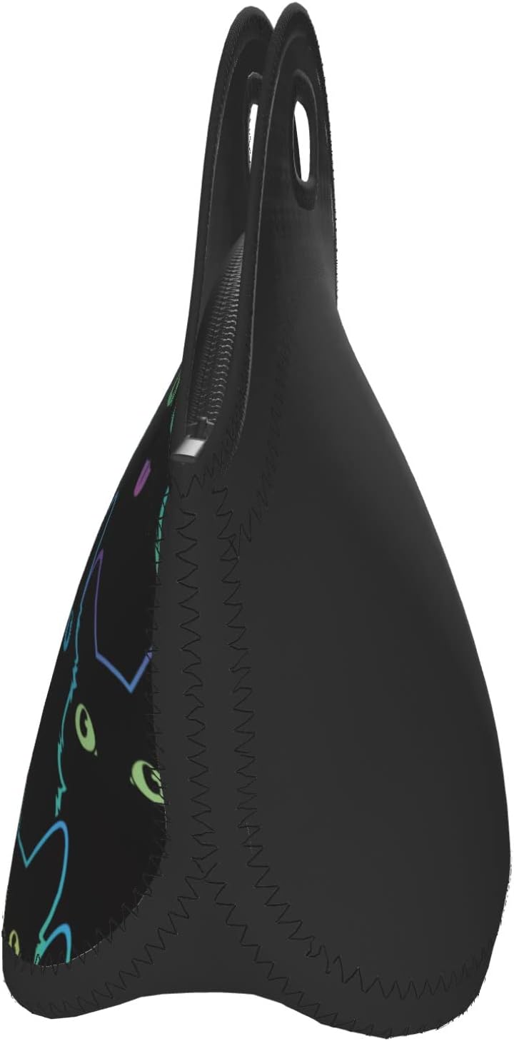 Nerxy Cat Insulated Neoprene Lunch Bag Cute Cats Small Tote For Kids Adults Black Thermal Sack Art Reusable Container School Picnic Camping Outdoors, 11.4x5.5x11 In (catBDB230408)