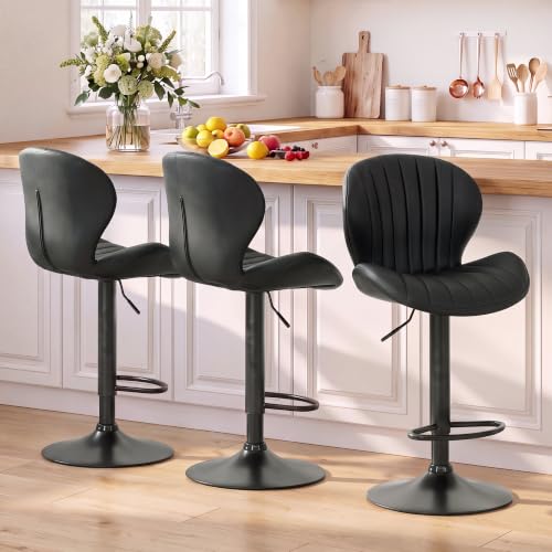 Image of MALOL Bar Stools Set of 3, Swivel Adjustable Height Leather Bar Chair,Black