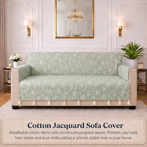 Image of STITCHNEST 'Verdant Phool Stories' 1 Seater Sofa Cover | Full Coverage with Armrest Pockets | Elegant Jacquard Fabric, Decorative Tassels, Washable & Durable for Modern Living