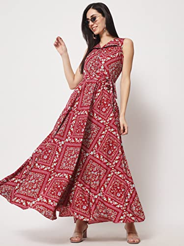 Image of Rudraaksha Women's Printed Maxi Dress Sleeveless Fit & Flare Long Dress || Western Dress for Women || Stylish Maxi Dress Dress || Summer Dress || Boho Printed Dress for Women
