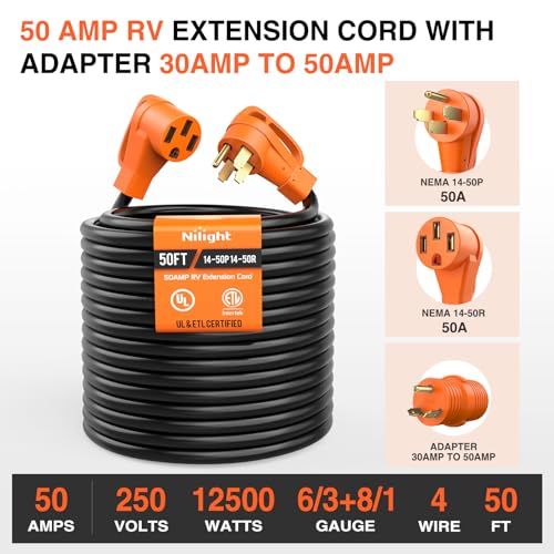 Image of Nilight 50FT 50 Amp RV Extension Cord with Adapter 30Amp to 50Amp 250V Heavy Duty 6 /3+8 /1 Gauge Pure Copper STW Wire UL ETL Listed 4 Prong 14-50P 14-50R Weatherproof Suit for Generators Camper