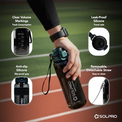 Image of Solpro Agua Spain Sipper Water Bottle 1000 ml Leakproof BPA Free, Sipper Bottle for Kids, Men, Women, Adults for School, Office, College, Travel, Gym, Workout, Outdoor, Camping (Black /Alpine Green)