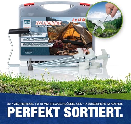 NTG Zelthering mit Gewinde 30 Stück, Adapter für Akkuschrauber, auch für Steinboden leuchten im dunklen |Rostschutz durch verzinkung Hering Zeltanker Sturmhering Erdnägel | Set MIT Koffer