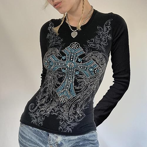 Image of Grunge Clothes for Women Y2K Tops Long Sleeve Fairy Grunge Aesthetic Shirts Teen Girls Vintage Graphic Tees Fall