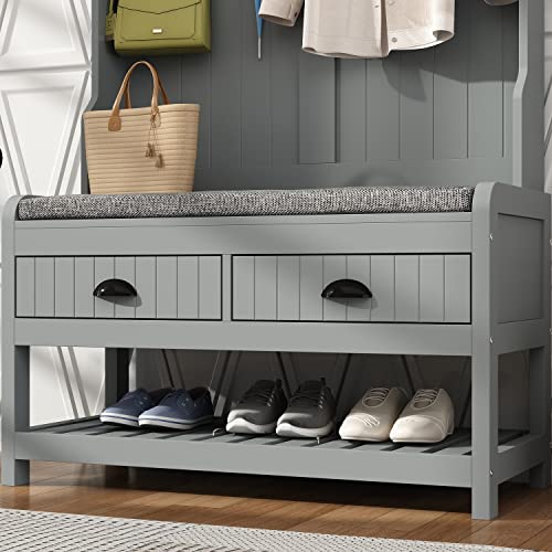 AIEGLE Grey Entryway Hall Tree with Coat Rack & Shoe Bench, 4-in-1 Hall Tree with 2 Drawers, 4 Hanging Hooks & Shoe Storage Shelves