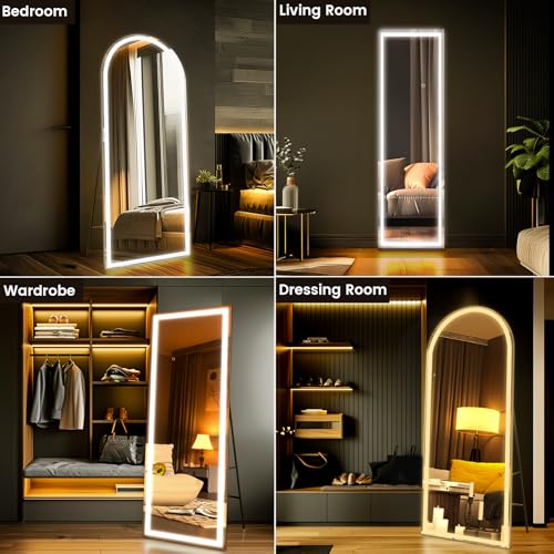 Image of pertetey 65X24 Inch LED Full Length Floor Mirror with Lights, Black Frame Lighted Dimmable & 3 Color Modes Full Body Dressing Standing Wall Mounted for Living Room, Bedroom