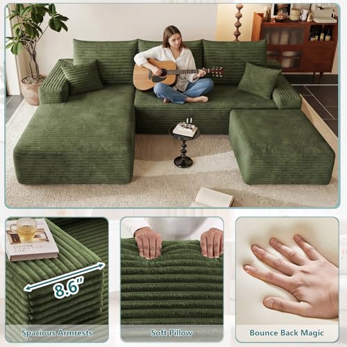 Image of 95 inch U-Shape Cloud Couch, Modern Modular Sectional L-Shape Sofa with Ottoman, Corduroy Upholstered Couches Deep Seat Sleeper Chaise Longue for Living Room, No Assembly Required(Green, Left Facing)