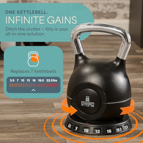 Image of LifePro 7-in-1 Adjustable Kettlebell - PowerStone, Die-Cast Aluminum & Steel, Space-Saving Set with Handle-Twist Adjustment - Strength Training Kettlebell with Storage Base